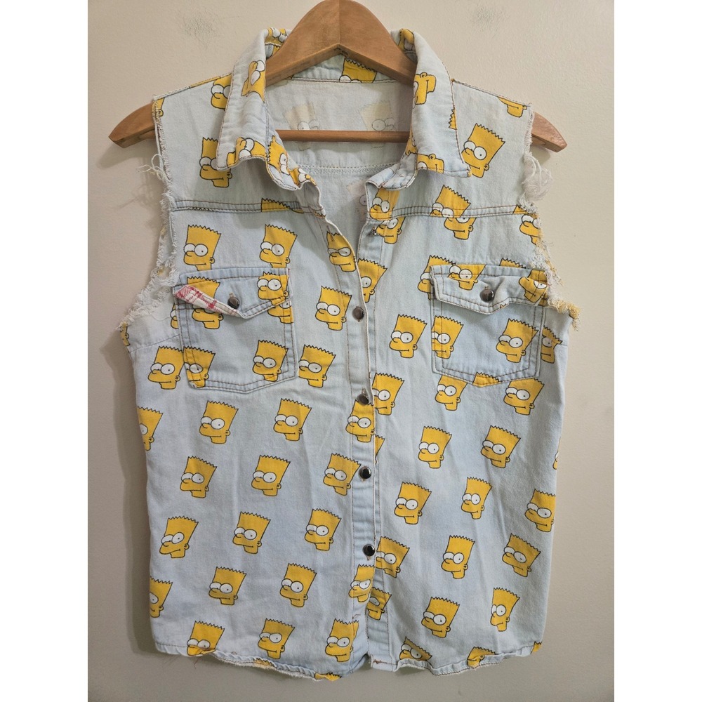 Reworked Vintage Bart Simpson All-Over Print Denim Vest - Excellent Condition